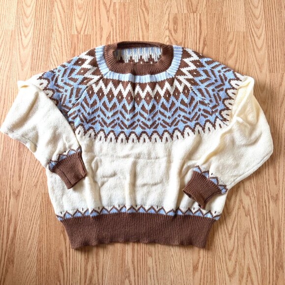 Retro Tribal Pattern Sweater Sz XL Brown Blue Cream Knit Pullover Vintage Style - Picture 8 of 9